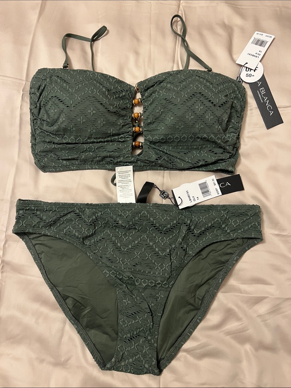 La Blanca Olive Green Eyelet Bandeau Bikini Set Size 14 NWT UPF 50+ MSRP $146